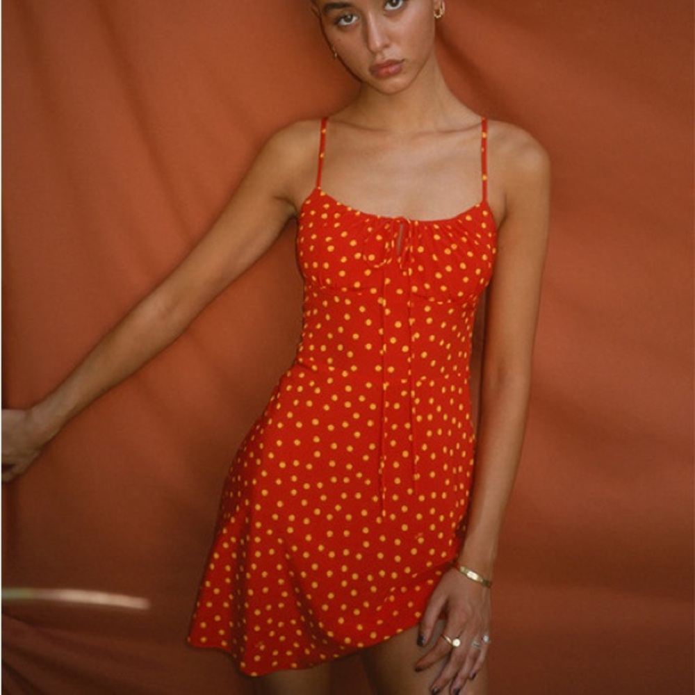 Reformation Par Red Mini Dress with Yellow Polka Dots